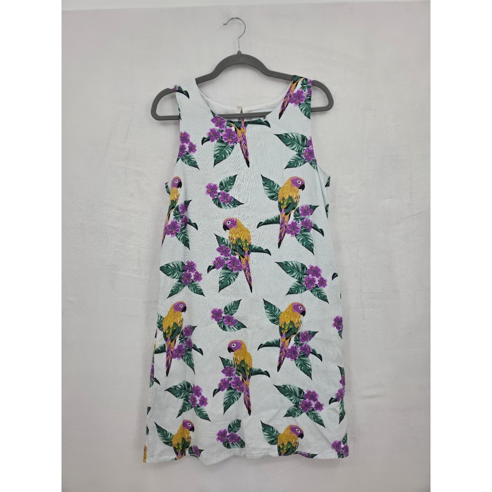 28 Palms Womens Tropical Parrot Floral Linen Shift Dress White Medium Resortwear